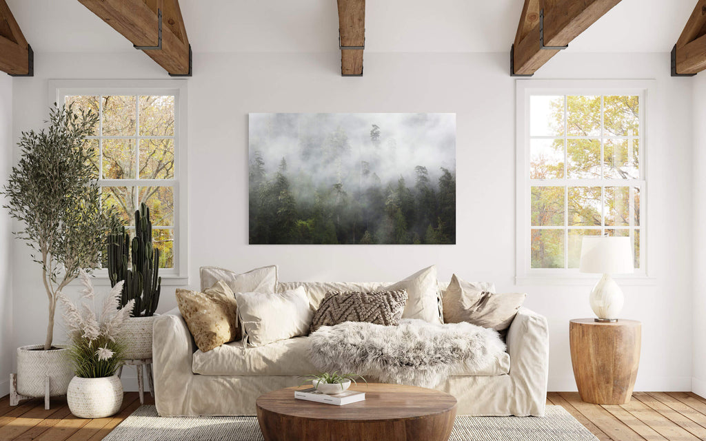 A fine art tree photograph from Lake Quinault hangs in a living room as an example of Biophilic interior design.