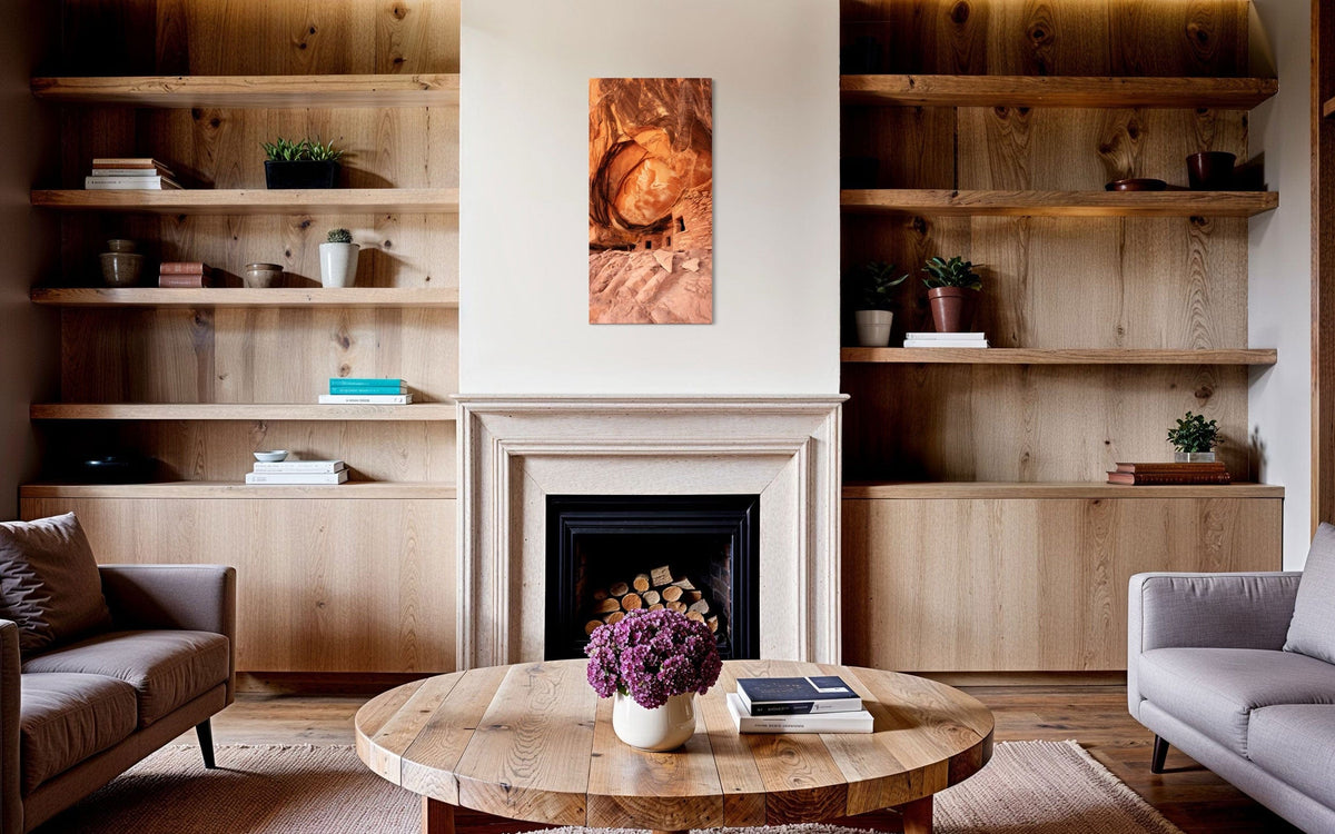 A piece of Southwest art showing a photo of an Anasazi dwelling in Bears Ears National Monument hangs in a living room.