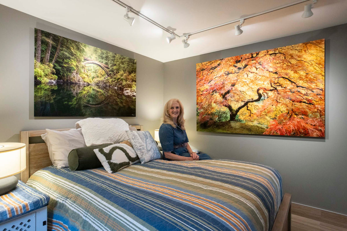 Collector Katie Campbell's guest room after we transformed it with Lars Gesing Fine Art.