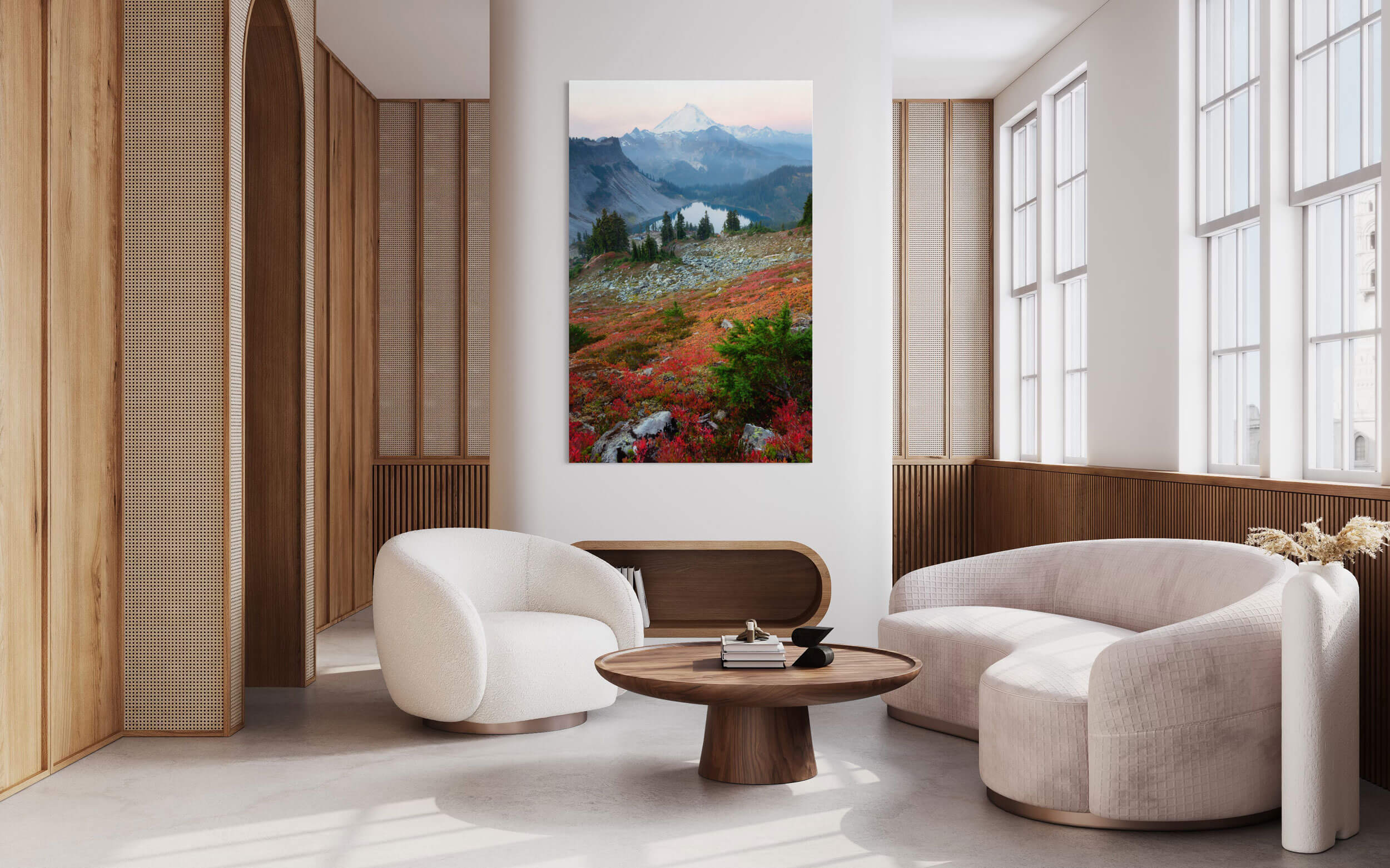 A Mount Baker fall picture from the Chain Lakes hike hangs in a living room.