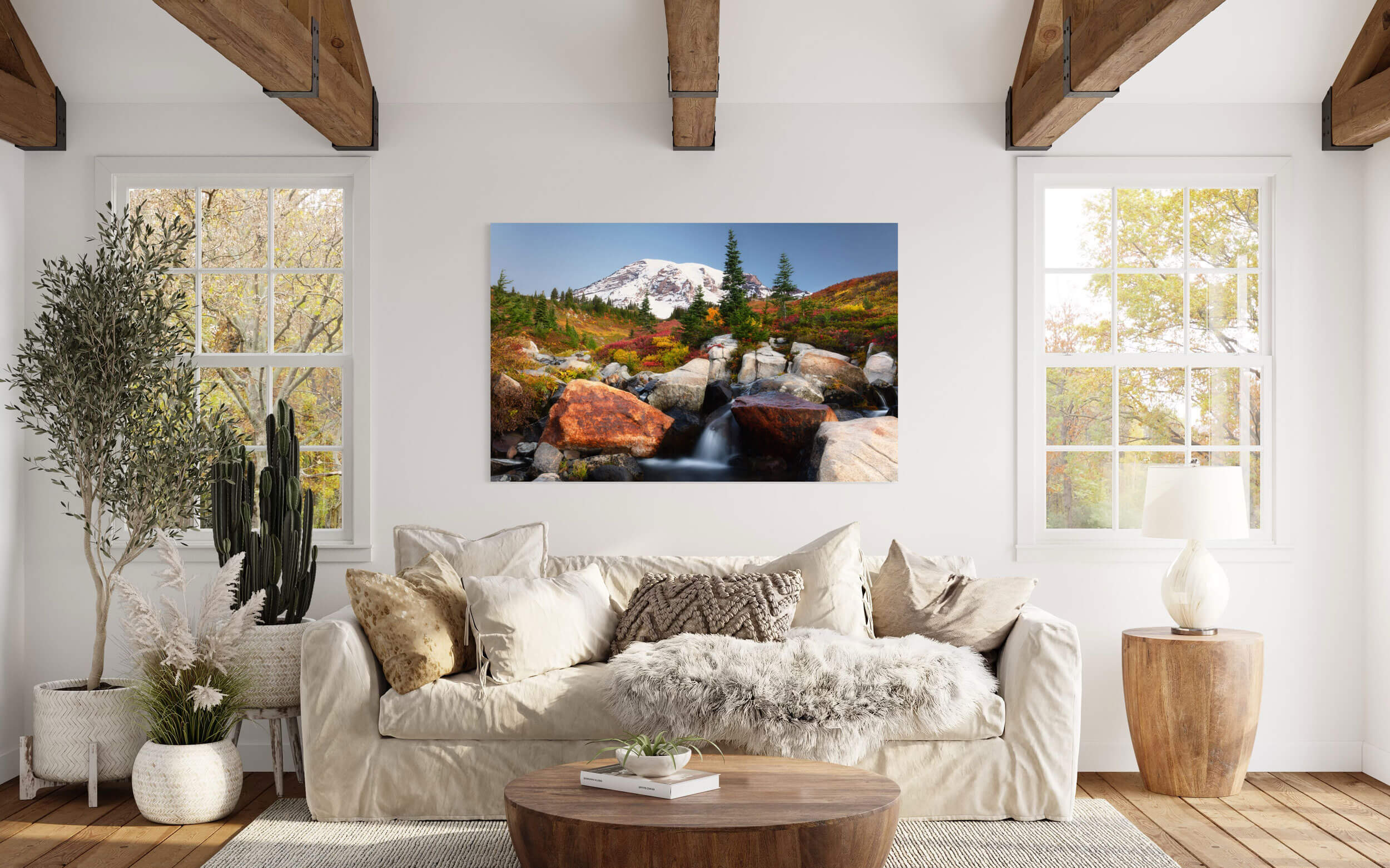 A Mount Rainier fall colors picture from the Paradise area hangs in a living room.
