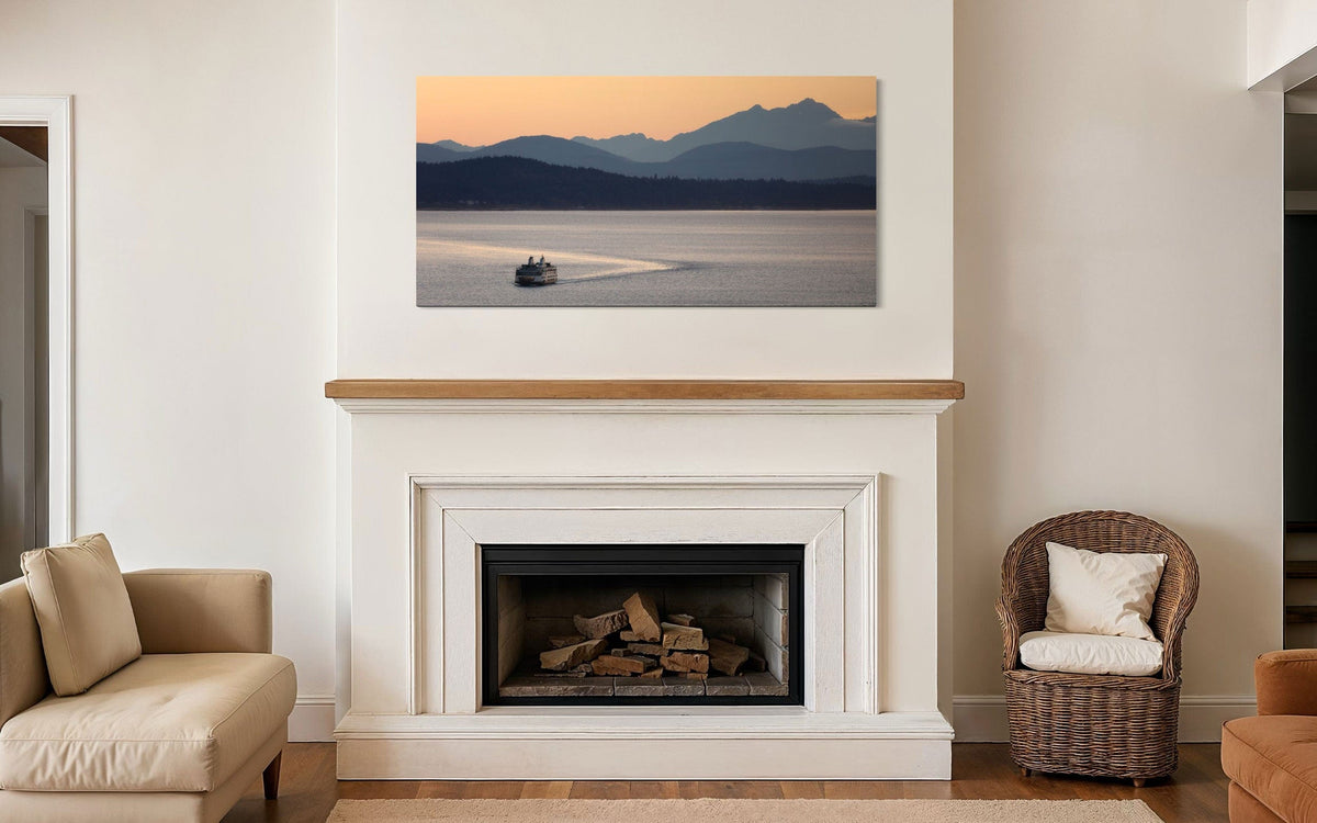 A piece of PNW art showing a Seattle ferry hangs over a fireplace.
