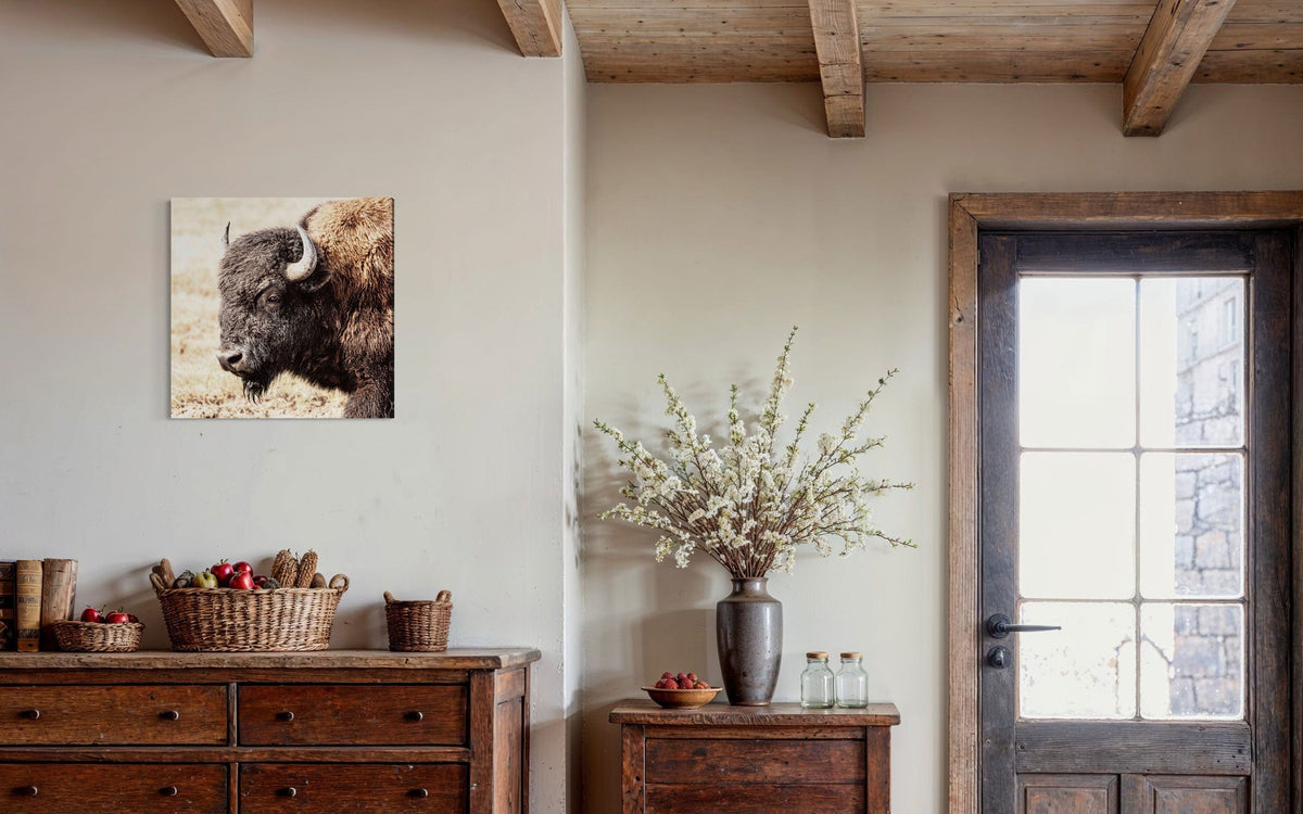 A piece of Yellowstone art showing a photo of a bison hangs in an entryway.
