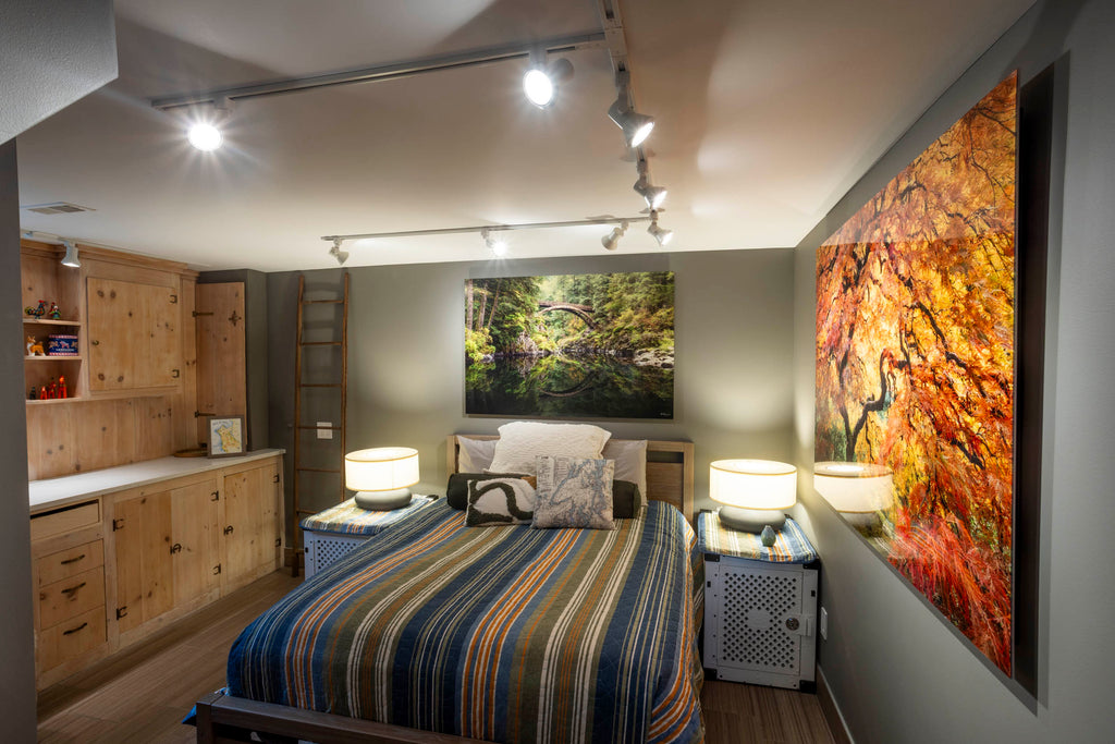 This photo shows Lars Gesing's art for zen spaces and how one of his West Seattle collectors transformed her guest room.