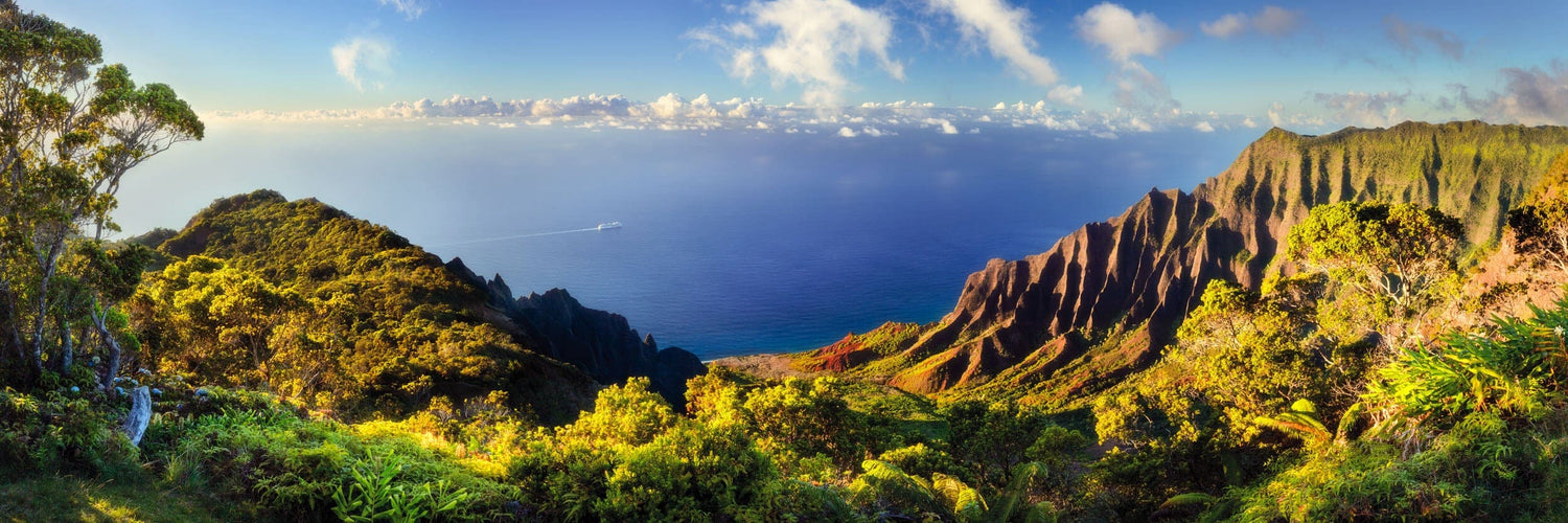 This piece of colorful wall art for living room spaces shows a photo of the famous Napali Coast on Kauai, as seen from the Kalalau Valley Overlook.