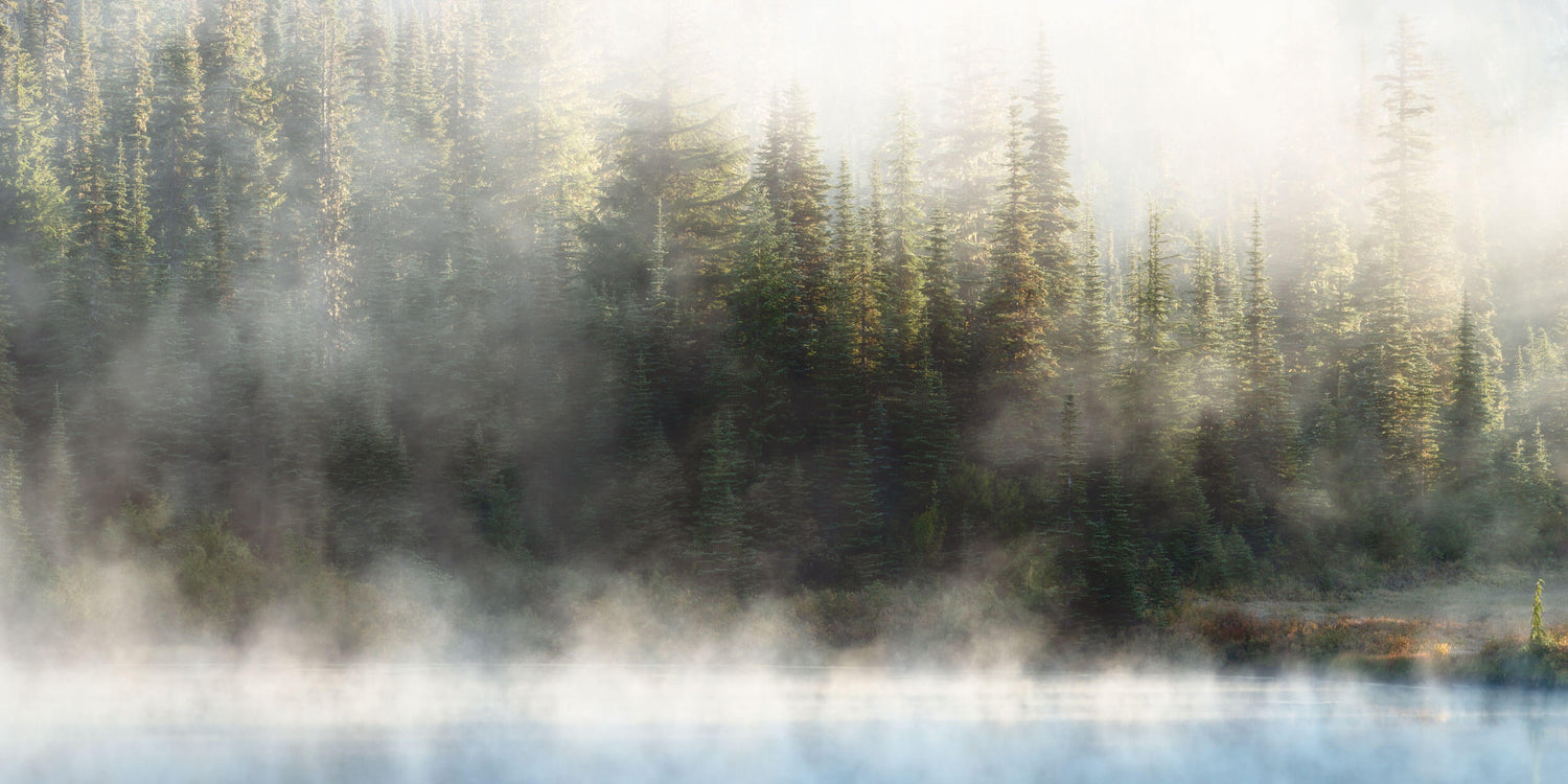 This piece of zen wall art shows early-morning fog rising from Reflection Lakes in Mount Rainier National Park.