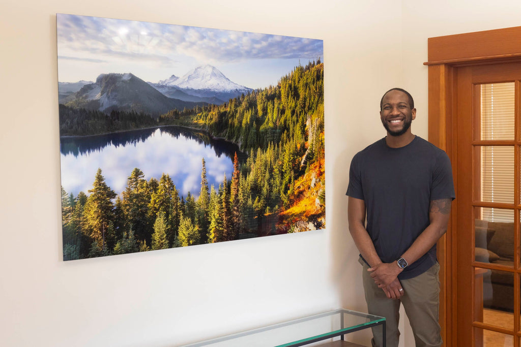 Lars Gesing Mount Rainier artwork displayed in a collector's entryway.