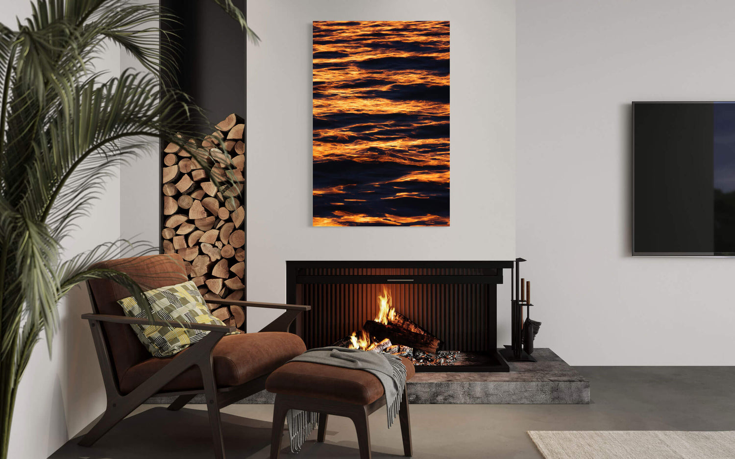 An Alki Beach picture of the Puget Sound from West Seattle hangs in a living room.