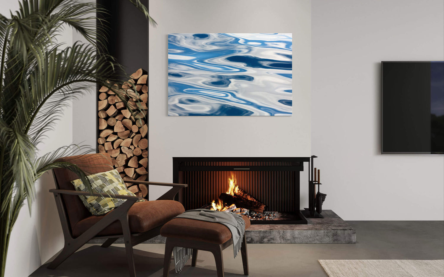 A piece of abstract Anacortes art showing a picture taken on a whale watching tour hangs in a living room.