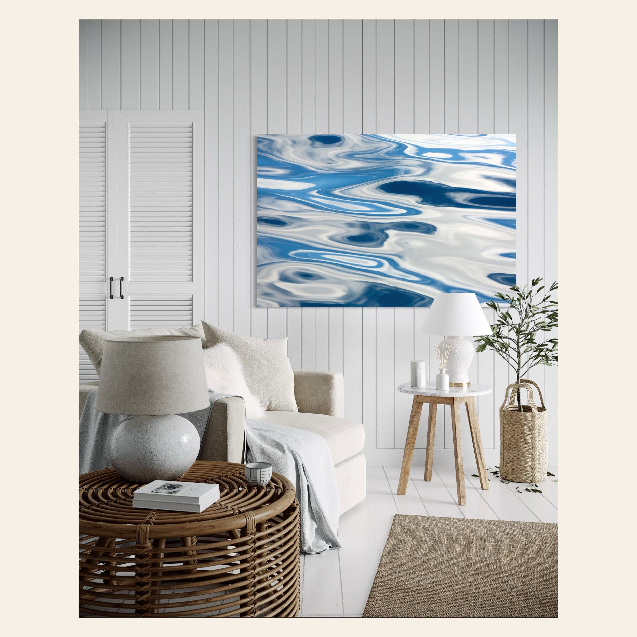 A piece of Anacortes art showing the abstract water surface on a whale watching tour hangs in a living room.