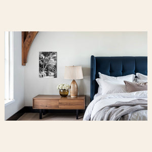 A piece of black and white Kauai art showing Anini Road hangs above a bedside table.