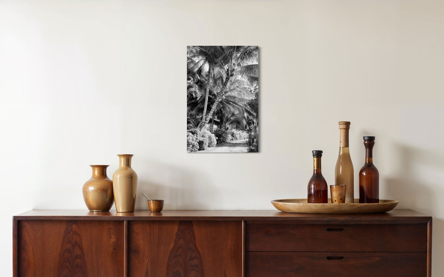 A piece of black and white Kauai art showing Anini Road hangs above a center console.