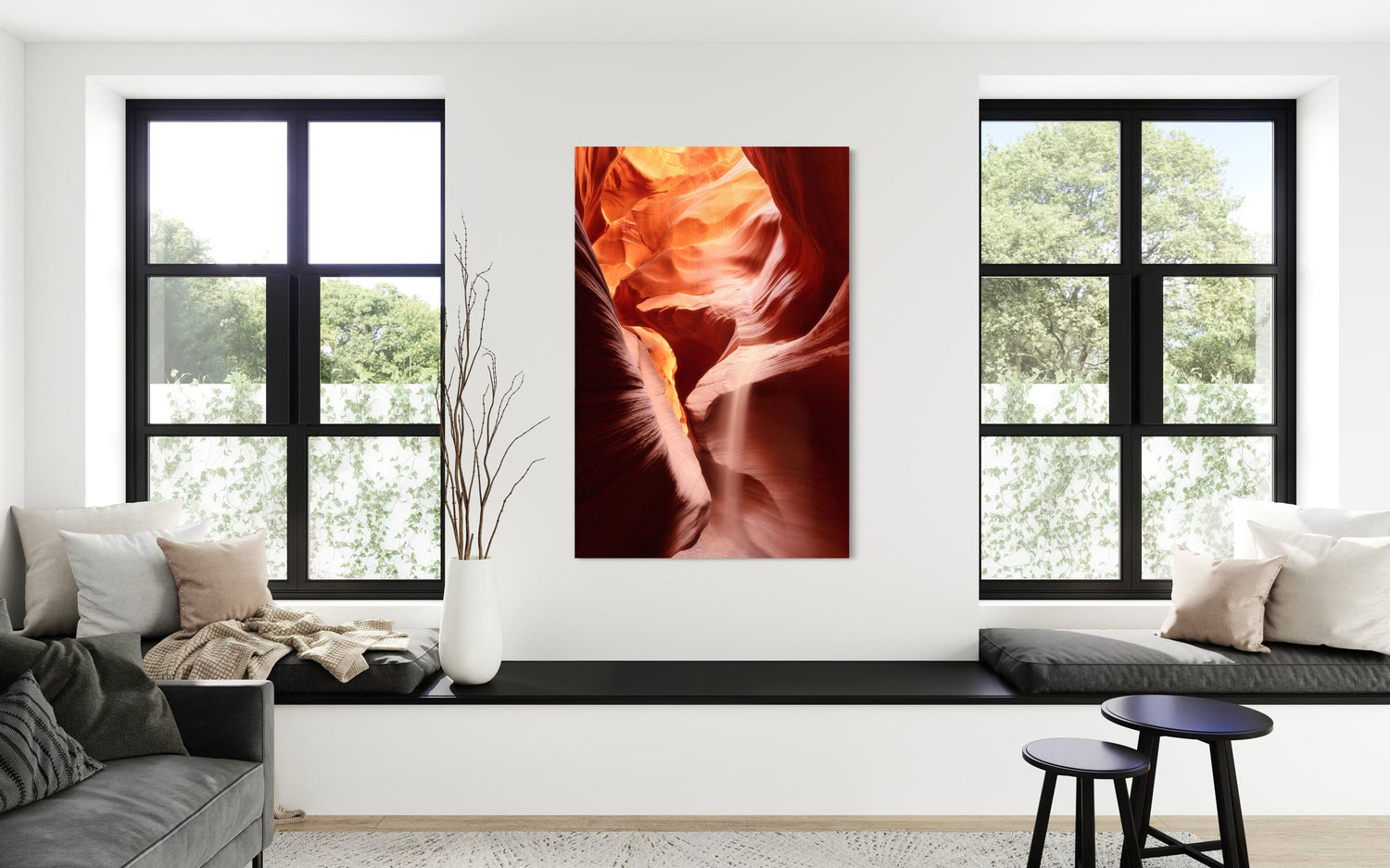 A piece of Antelope Canyon art from Page, Arizona, hangs in a living room.