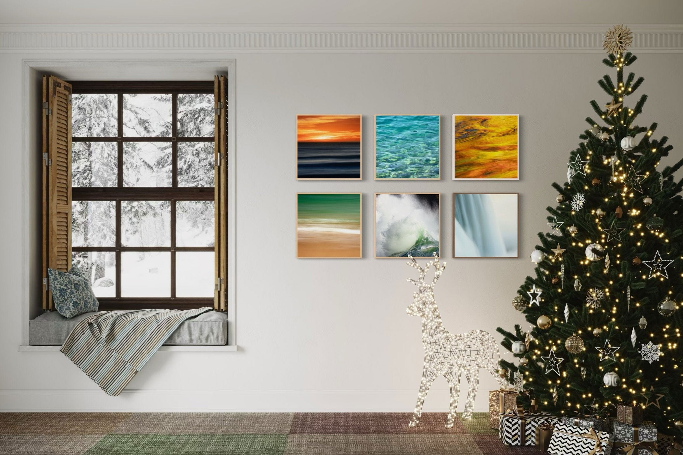 Artworks hang on a wall and inspire you to consider them for your Christmas gift ideas.