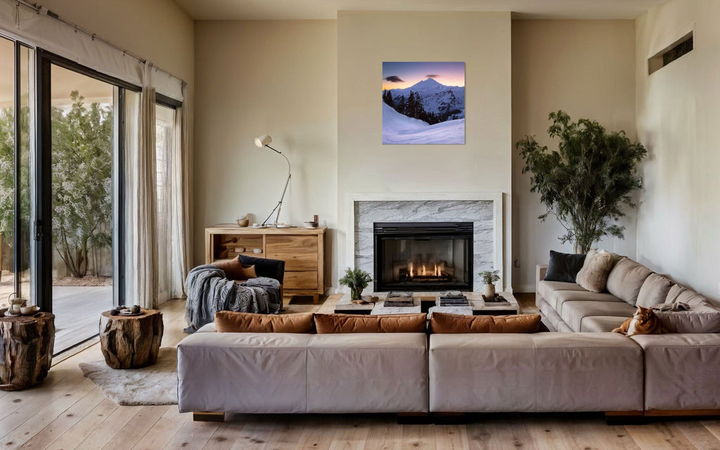 A piece of Pacific Northwest art showing a Mount Baker photo hangs in a living room.
