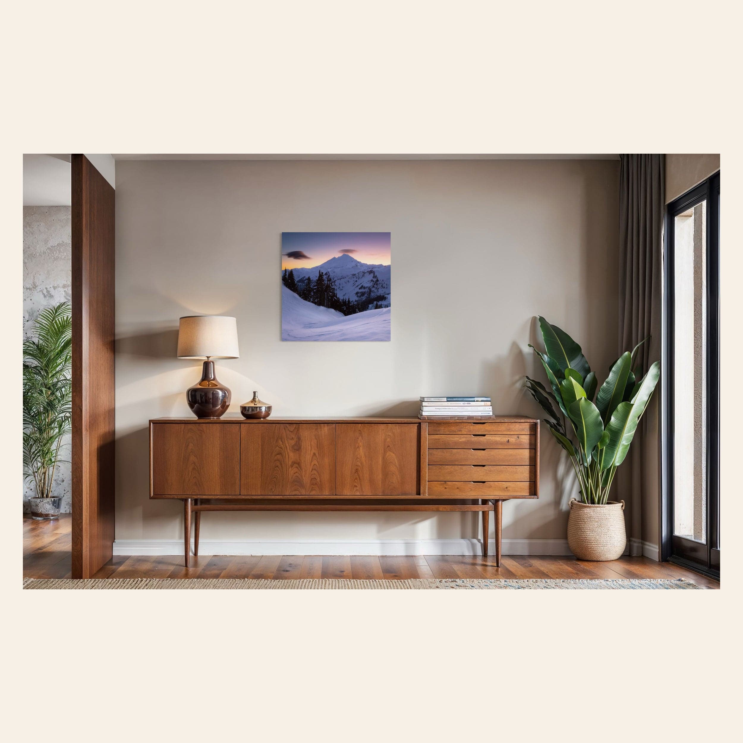 A piece of Pacific Northwest art showing a Mount Baker photo hangs in a midcentury modern home.