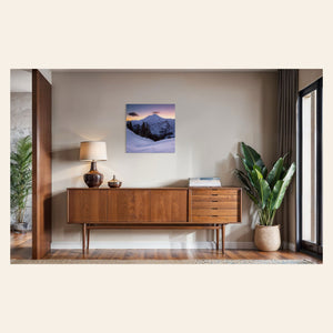 A piece of Pacific Northwest art showing a Mount Baker photo hangs in a midcentury modern home.