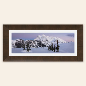 A piece of framed Washington wall art showing the view from Artist Point at Mount Baker toward Mount Shuksan.