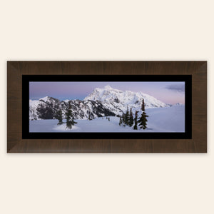 A piece of framed Washington wall art showing the view from Artist Point at Mount Baker toward Mount Shuksan.