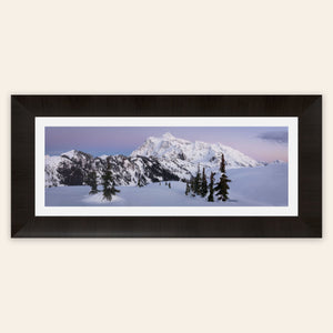 A piece of framed Washington wall art showing the view from Artist Point at Mount Baker toward Mount Shuksan.