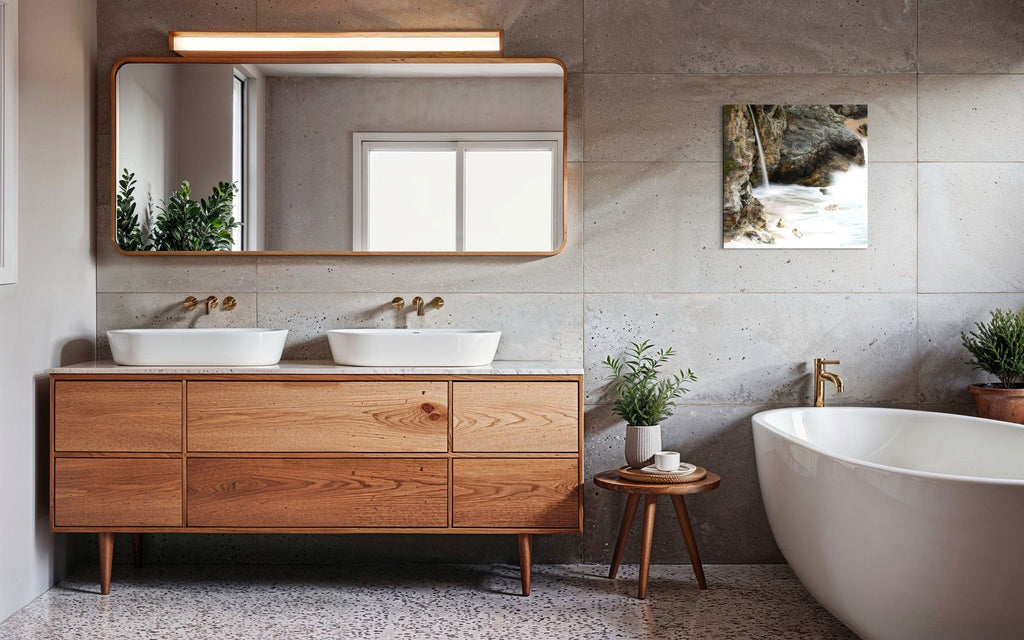 A piece of Big Sur art showing a waterfall photo hangs in a bathroom.