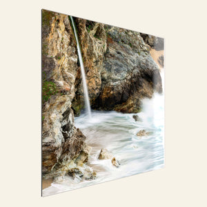A piece of TruLife acrylic Big Sur art shows a waterfall photo.