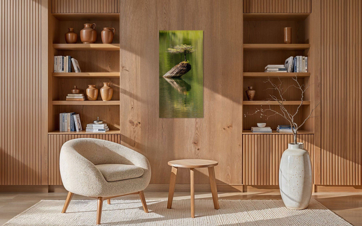 A piece of Pacific Northwest art showing a Bonsai photo from Vancouver Island hangs in a sitting area.
