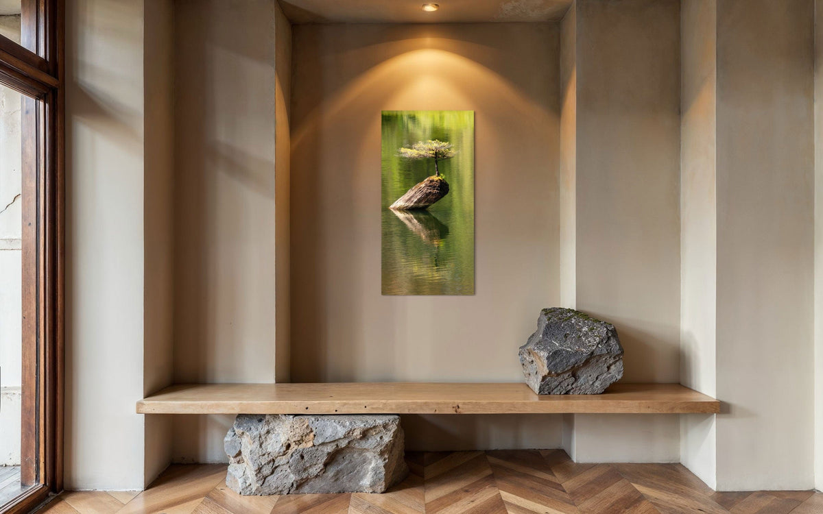 A piece of Pacific Northwest art showing a Bonsai photo from Vancouver Island hangs in an entryway.