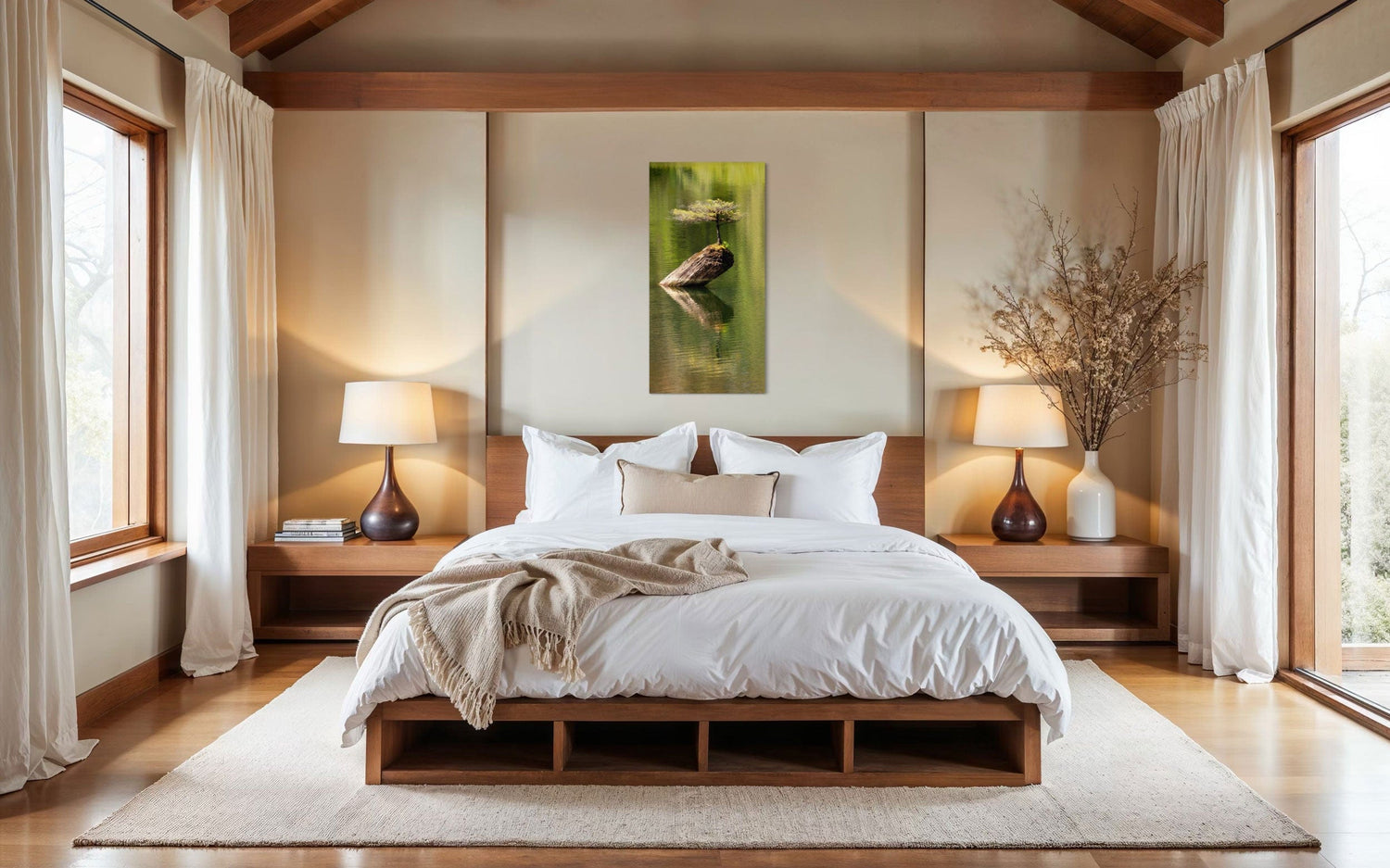 A piece of Pacific Northwest art showing a Bonsai photo from Vancouver Island hangs in a bedroom.