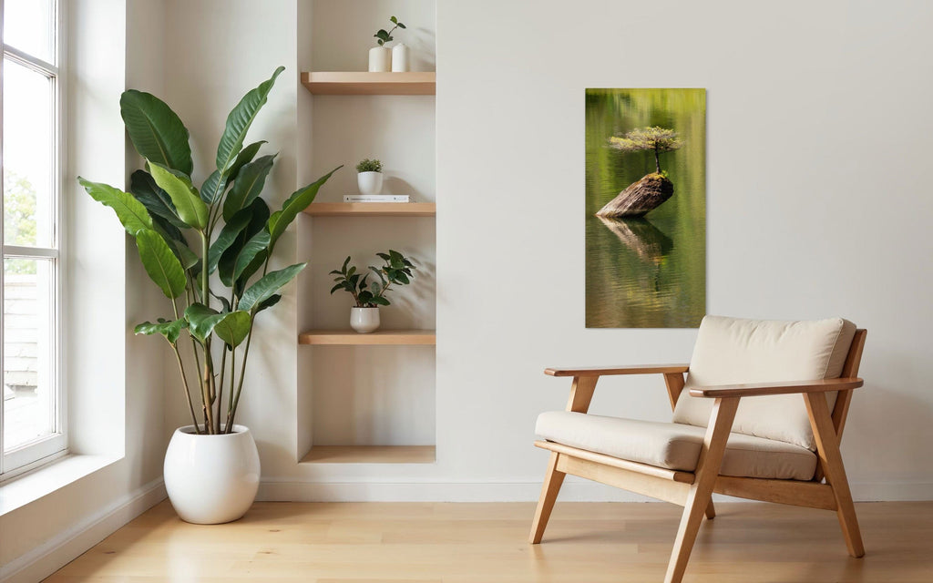 A piece of Pacific Northwest art showing a Bonsai photo from Vancouver Island hangs above a comfy chair.