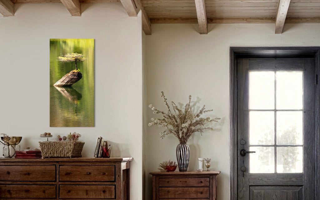 A piece of Pacific Northwest art showing a Bonsai photo from Vancouver Island hangs in an entryway area.