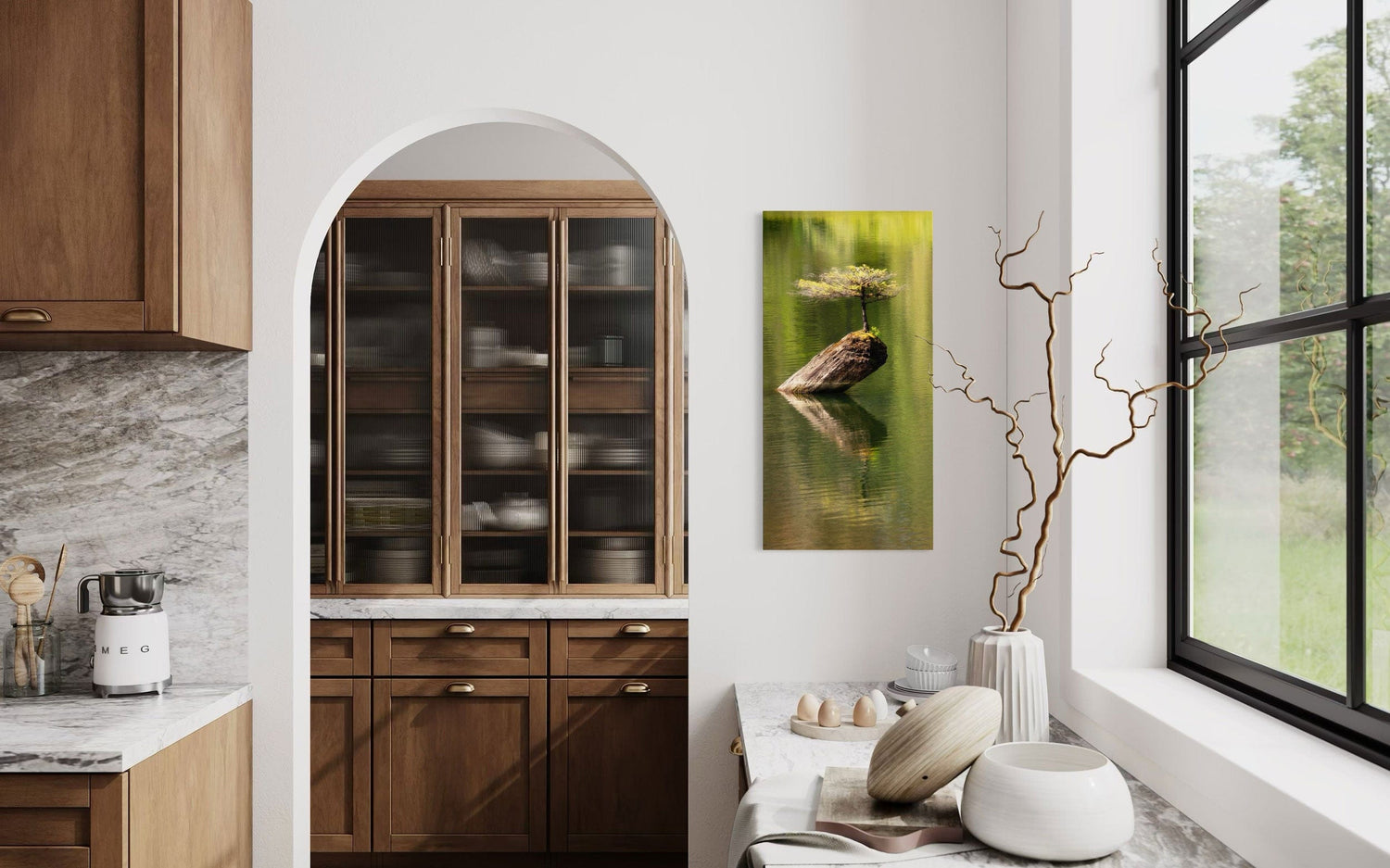 A piece of Pacific Northwest art showing a Bonsai photo from Vancouver Island hangs in a kitchen.