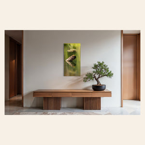 A piece of Pacific Northwest art showing a Bonsai photo from Vancouver Island hangs in a midcentury modern home.