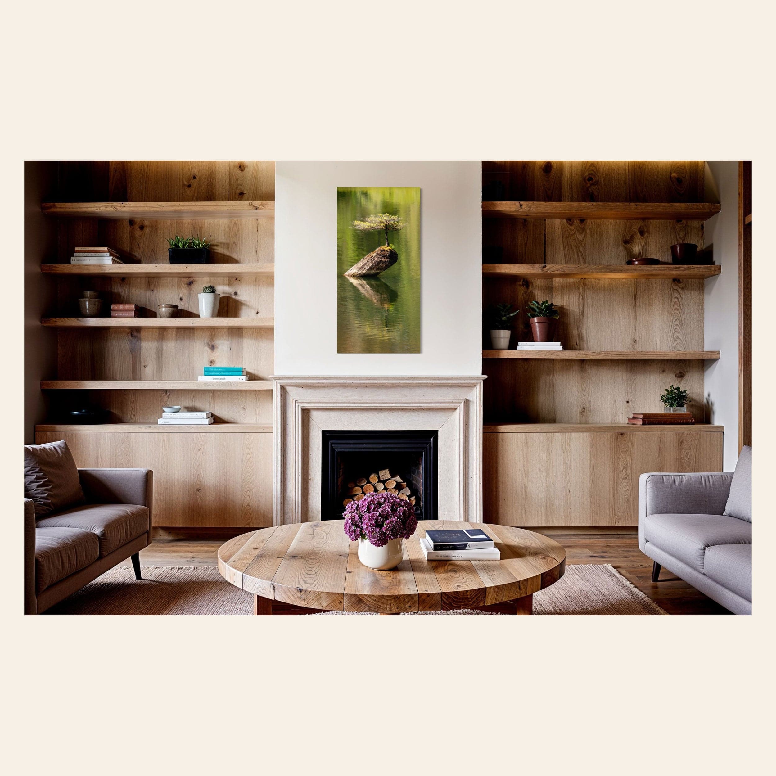 A piece of Pacific Northwest art showing a Bonsai photo from Vancouver Island hangs above a fireplace.
