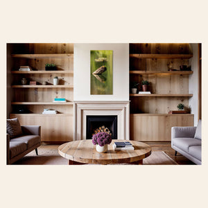 A piece of Pacific Northwest art showing a Bonsai photo from Vancouver Island hangs above a fireplace.