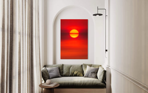 A sunrise picture photographed in Boulder, Colorado, hangs in a hallway.