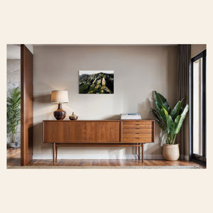 A piece of Boulder art showing an areal photo of the Flatirons along Colorado's Front Range hangs in an entryway.