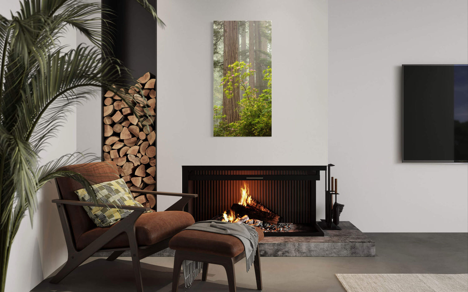 A California redwoods picture of the blooming rhododendron hangs in a living room.