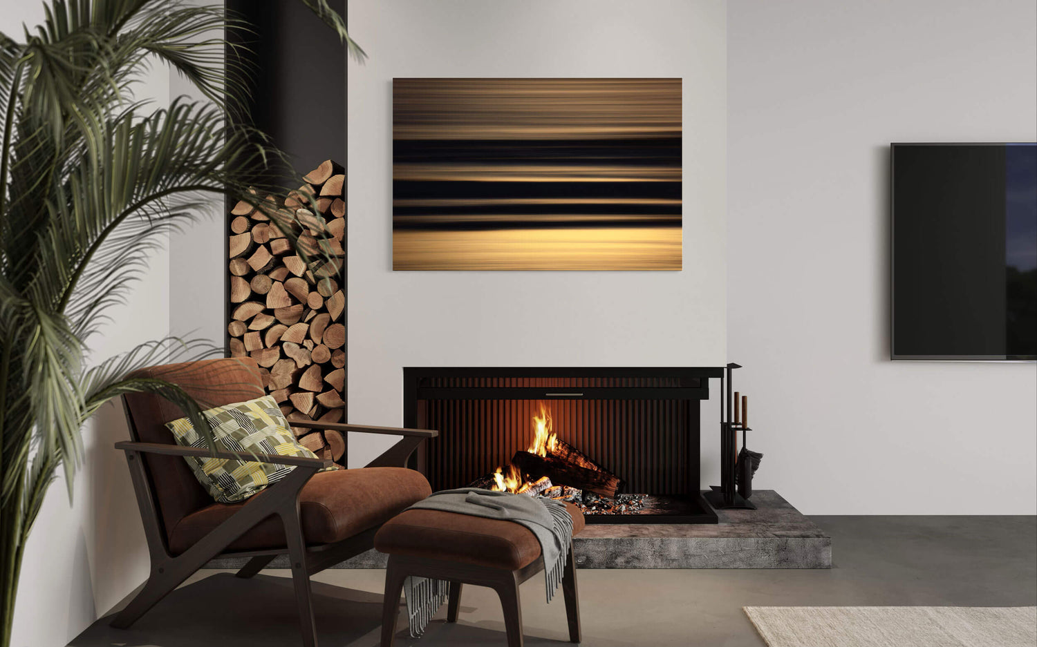 A piece of Cannon Beach art showing an abstract Oregon coast sunset hangs in a living room.