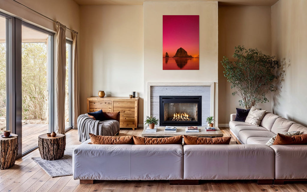 A photo of the Northern Lights in Cannon Beach hangs above a fireplace. | Lars Gesing Fine Art | Coastal Wall Art