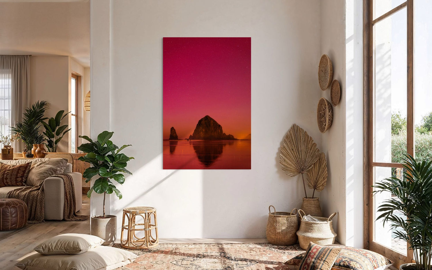 A photo of the Northern Lights in Cannon Beach hangs in a living area. | Lars Gesing Fine Art | Coastal Wall Art