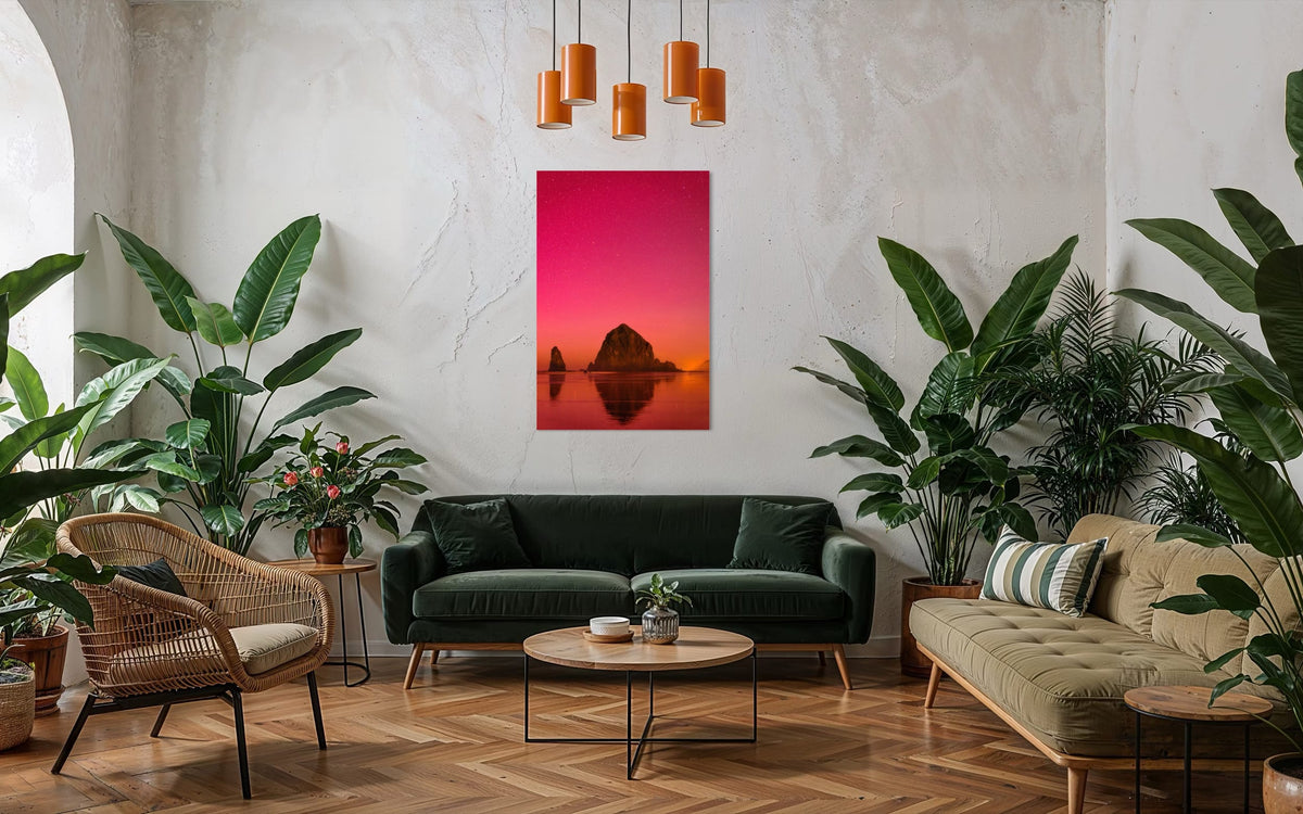 A photo of the Northern Lights in Cannon Beach hangs in a botanical living room. | Lars Gesing Fine Art