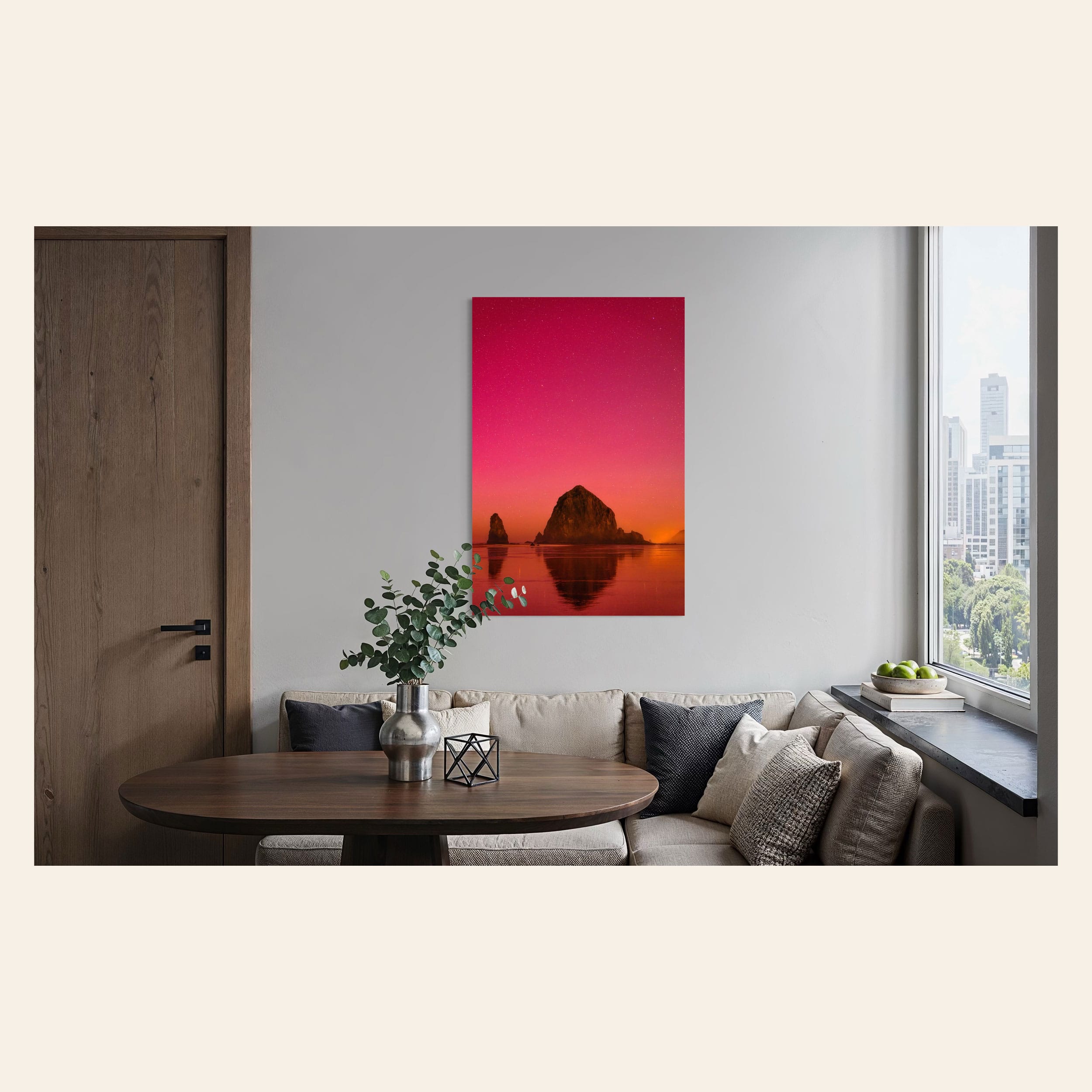 A photo of the Northern Lights in Cannon Beach hangs in an entryway. | Lars Gesing Fine Art | Coastal Wall Art