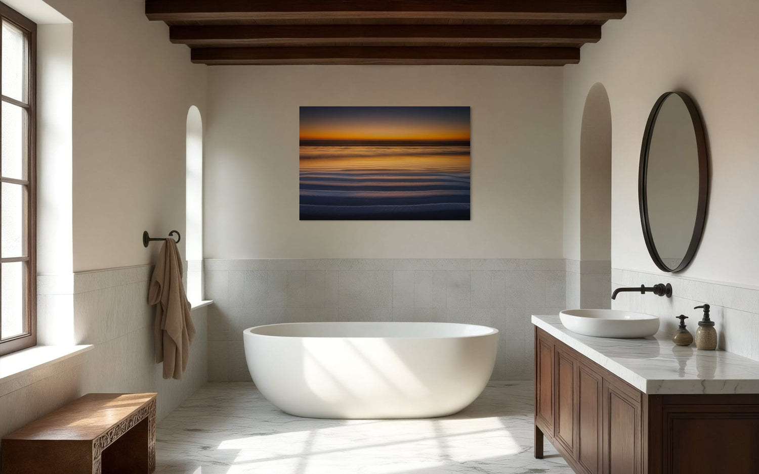 A Cannon Beach sunset photo hangs in a bathroom. | Lars Gesing Fine Art | Coastal Wall Art