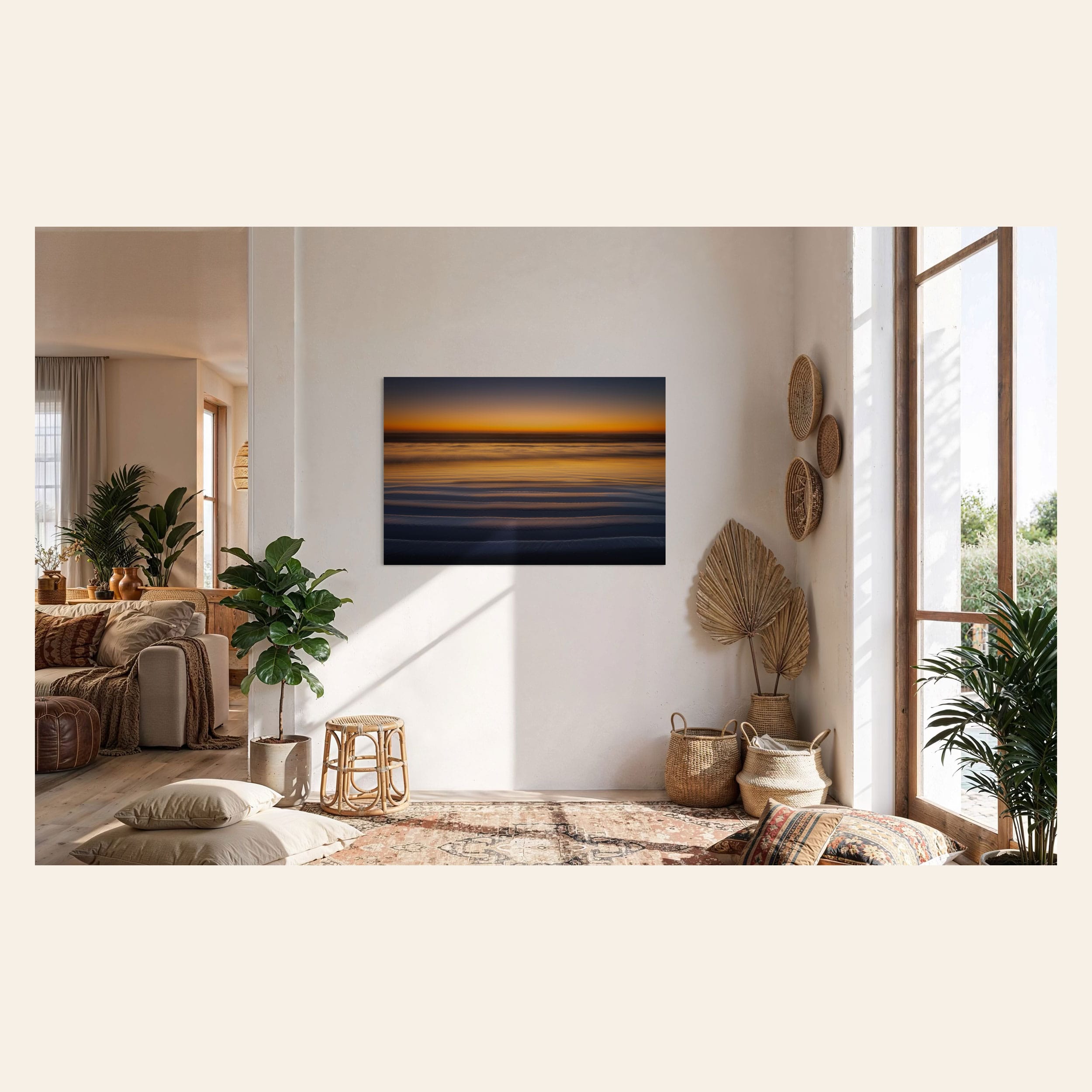 A Cannon Beach sunset photo hangs in a living space. | Lars Gesing Fine Art | Coastal Wall Art