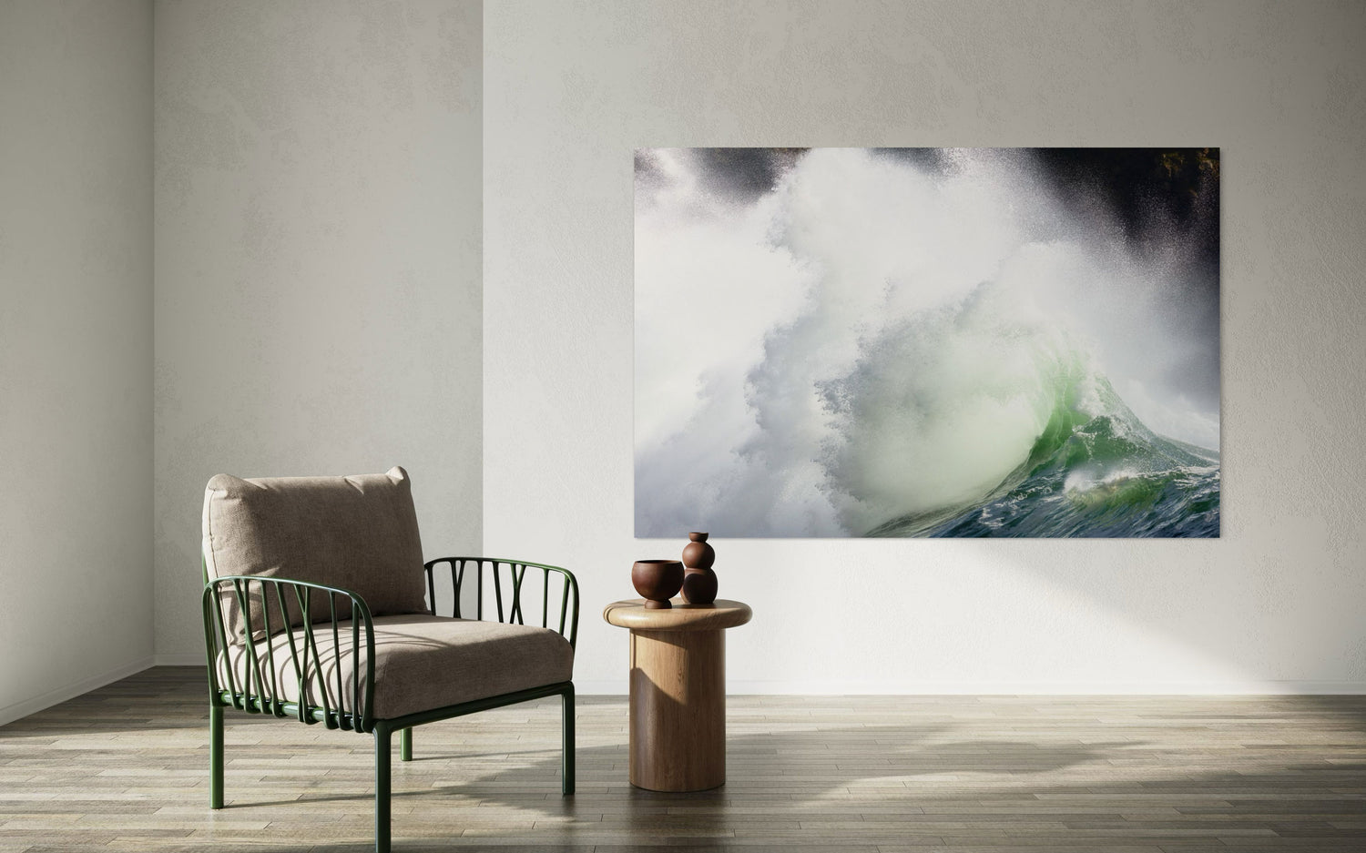 A piece of Washington wall art showing the waves at Cape Disappointment hangs in a living room.