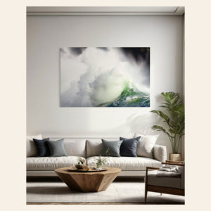 A piece of Washington wall art showing the waves at Cape Disappointment hangs in a living room.