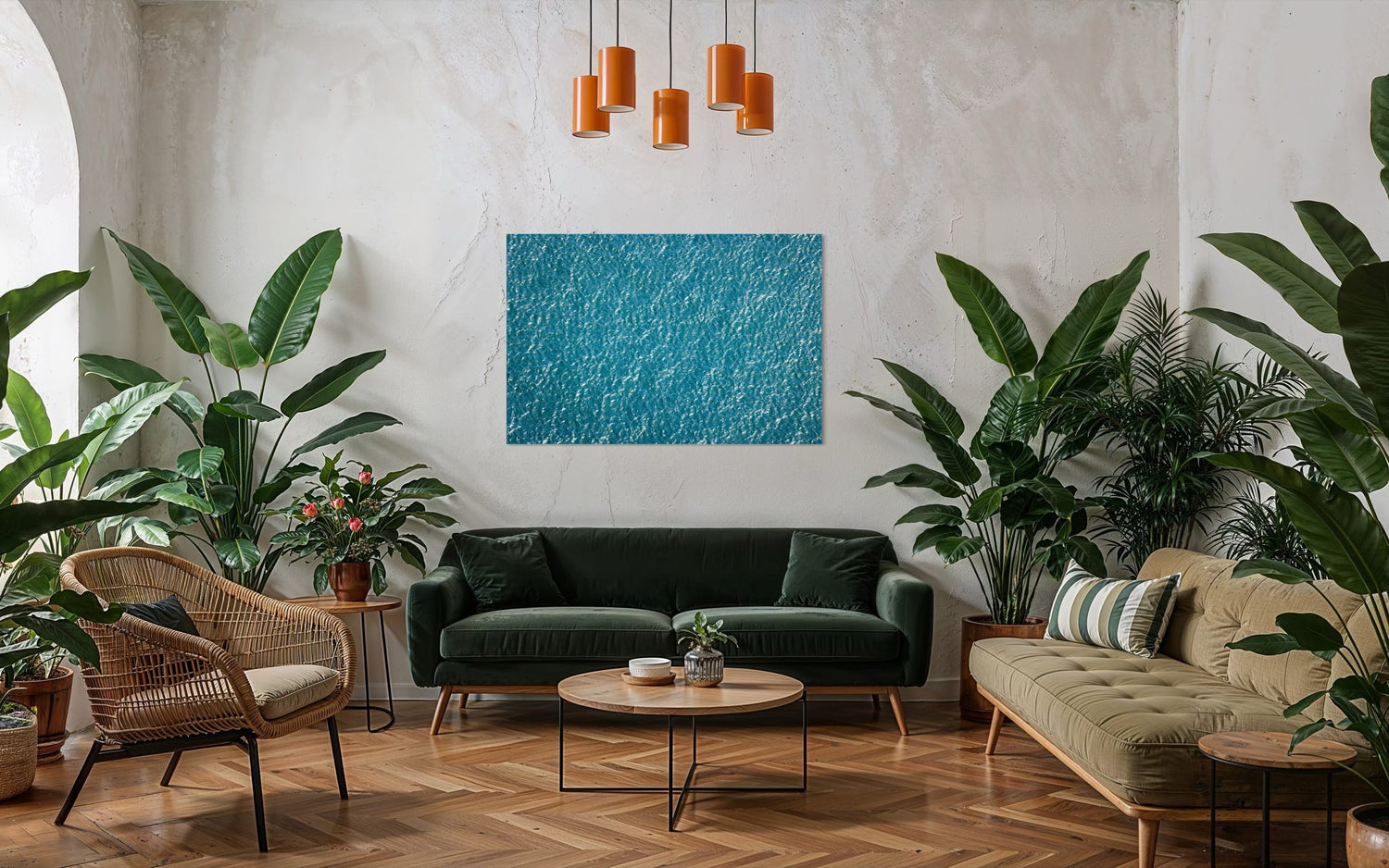 An abstract ocean photo hangs in a botanical living room. | Lars Gesing Fine Art | Coastal Wall Art