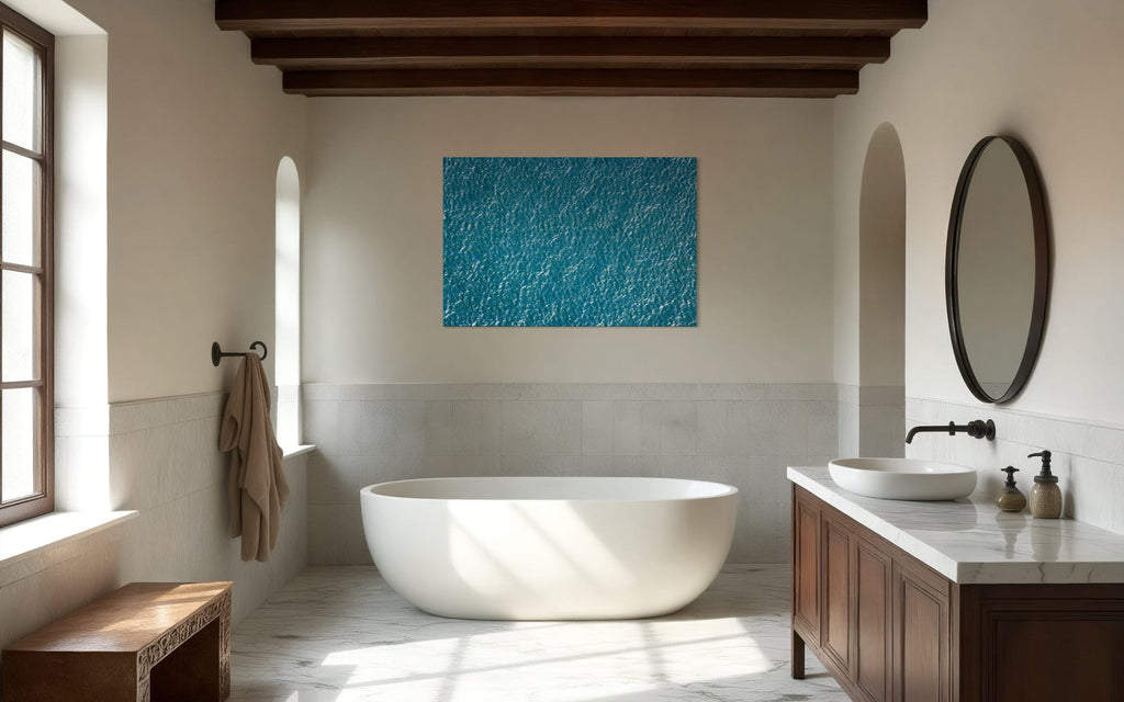 An abstract ocean photo hangs in a bathroom. | Lars Gesing Fine Art | Coastal Wall Art