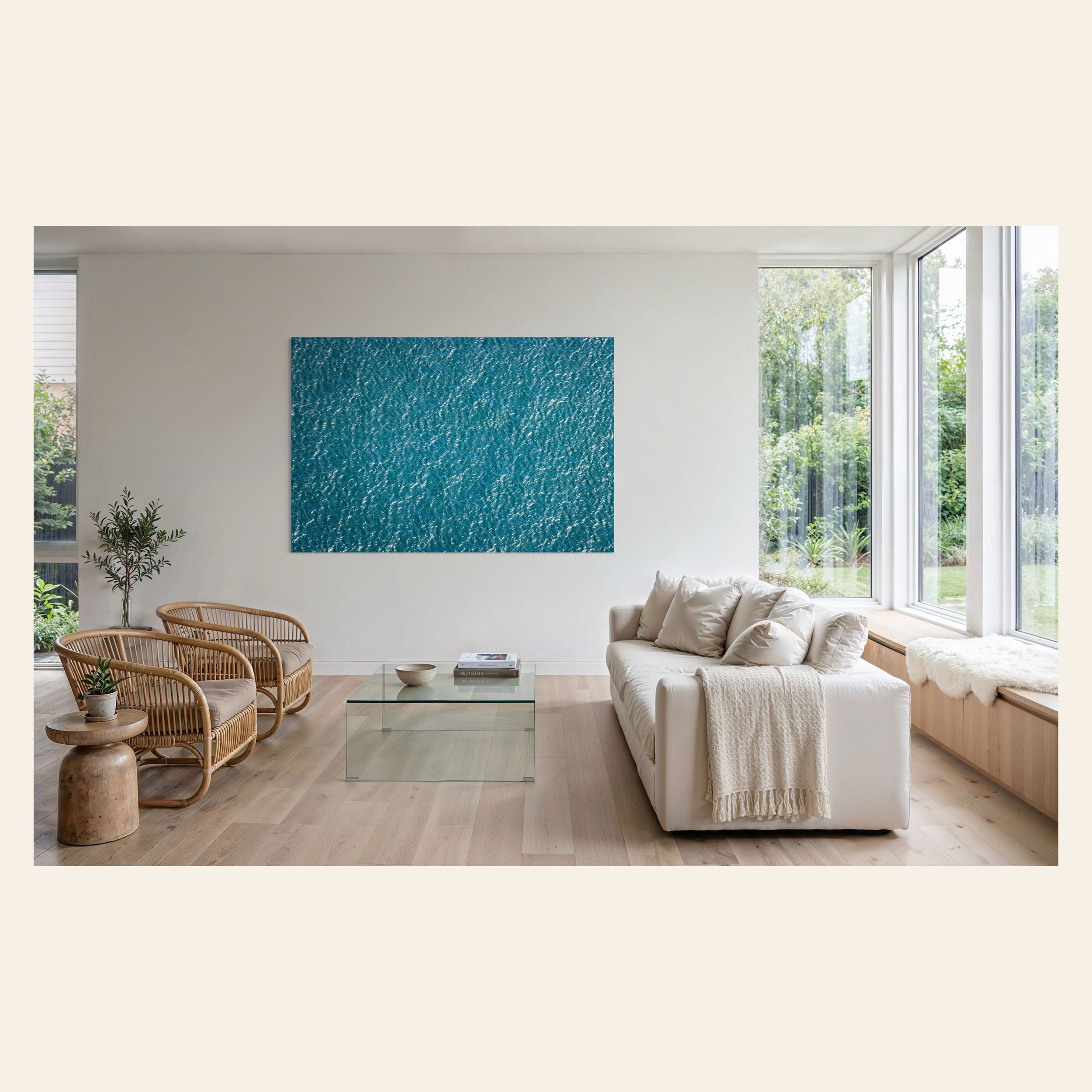 An abstract ocean photo hangs in an airy living room | Lars Gesing Fine Art | Coastal Wall Art